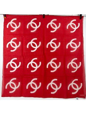 Chanel CC Logo Scarf Cotton Red and White Vintage